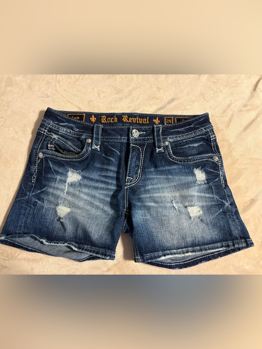 Rock Revival Dark Blue Denim Shorts with Gold Embroidered Logo